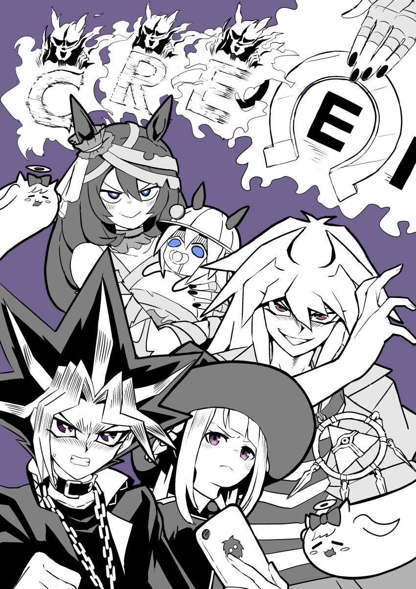 2boys 4girls absurdres agnes_digital_(umamusume) bangs blue_eyes blunt_bangs cellphone chain_necklace choker clenched_teeth crossover destiny_board duel_monster ghost grin halo hand_up hat highres holding holding_phone horseshoe kuriboh long_hair millennium_ring multicolored_hair multiple_boys multiple_girls mummy_costume necktie pacifier petoka phone purple_background purple_eyes simple_background smartphone smile spiked_hair spot_color super_creek_(umamusume) sweep_tosho_(umamusume) tamamo_cross_(umamusume) teeth umamusume witch_hat yami_bakura yami_yuugi yu-gi-oh! yu-gi-oh!_duel_monsters