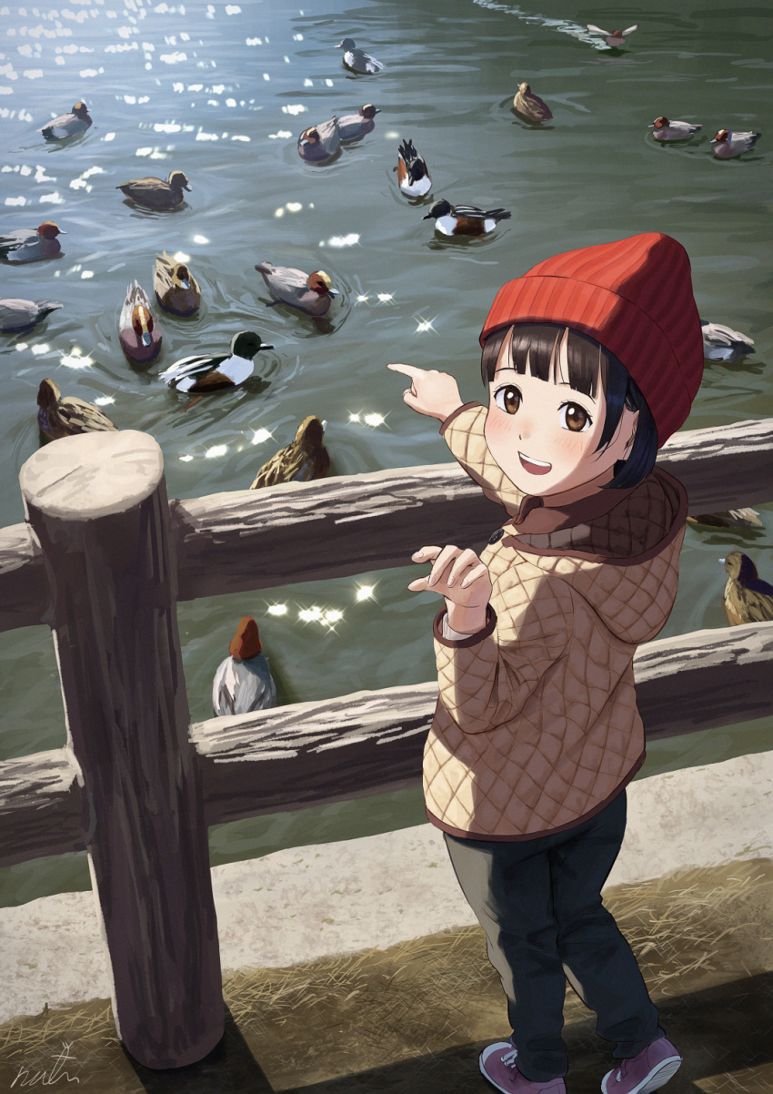 1girl animal bangs bird blunt_bangs brown_eyes brown_hair child duck full_body highres hood hood_down long_sleeves looking_at_viewer looking_back open_mouth original outdoors papi_(papiron100) pink_footwear pointing red_headwear shoes short_hair sneakers teeth upper_teeth water winter