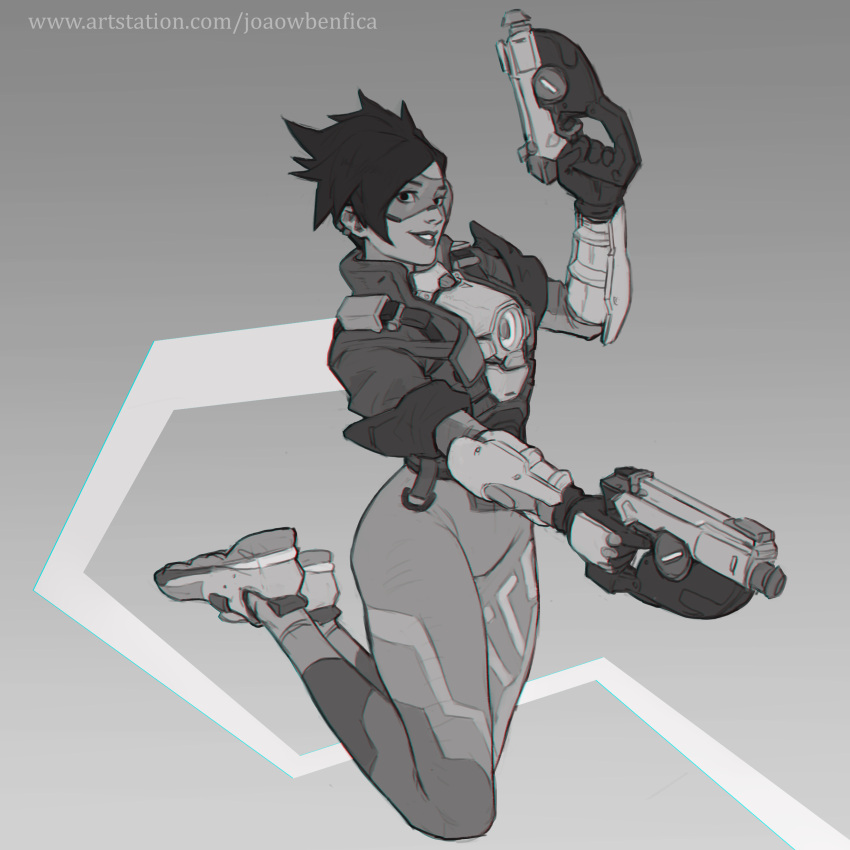 1girl absurdres artist_name bangs cropped_jacket feet_up gloves goggles gradient gradient_background grey_background greyscale gun hair_ornament hand_up highres holding holding_gun holding_weapon jacket joaowbenfica long_sleeves monochrome overwatch pants parted_lips shoes short_hair smile solo teeth tracer_(overwatch) weapon web_address