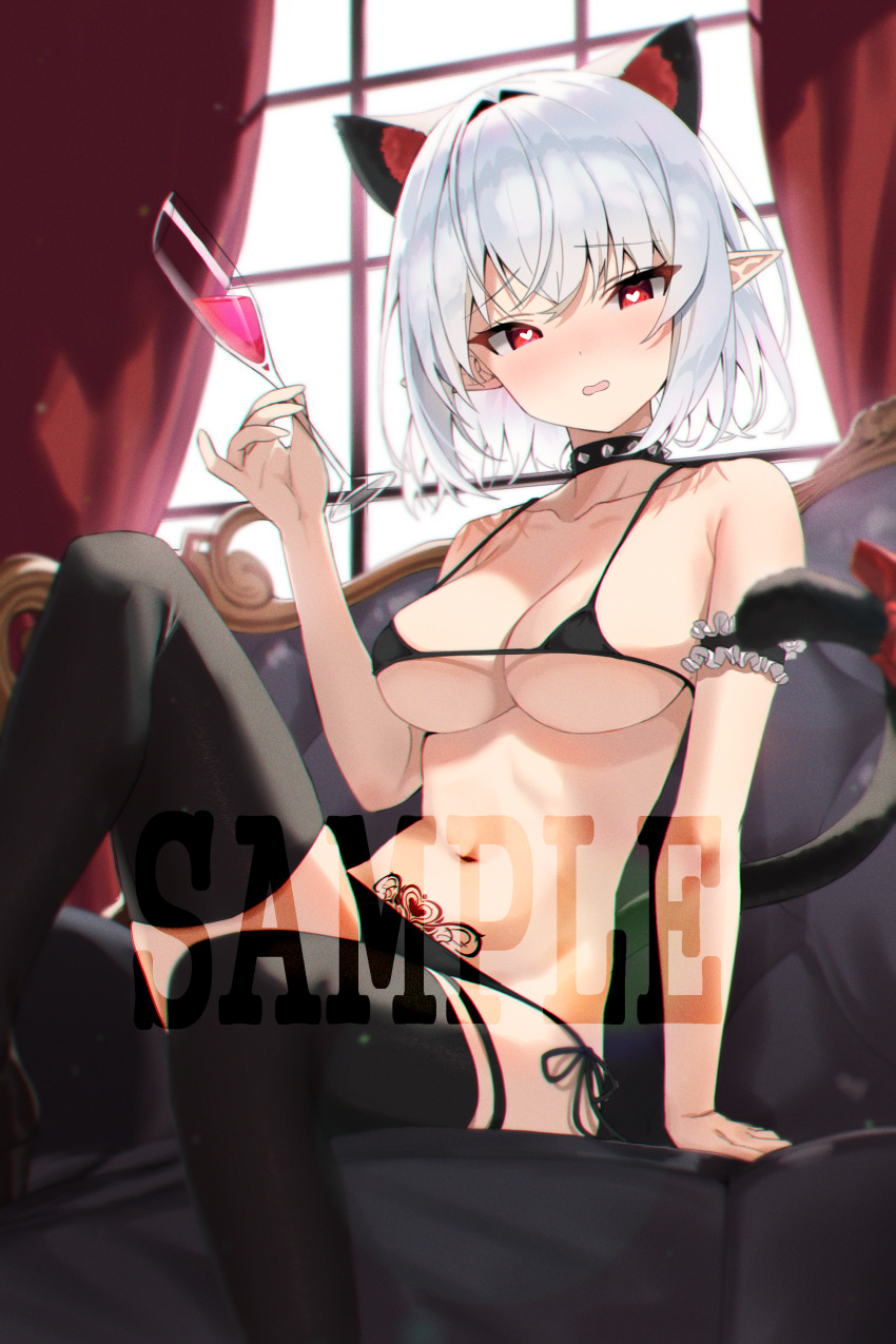 1girl absurdres animal_ears arm_garter bare_shoulders bikini black_bikini black_choker black_legwear breasts cat_ears cat_girl cat_tail chaise_longue champagne_flute choker cleavage collarbone commission couch cup curtains drinking_glass extra_ears heart heart-shaped_pupils highres holding kirari_(kira_rin9) knee_up looking_at_viewer medium_breasts micro_bikini navel on_couch open_mouth original pointy_ears pubic_tattoo red_eyes sample_watermark short_hair side-tie_bikini sitting solo stomach strap_gap string_bikini swimsuit symbol-shaped_pupils tail tattoo thigh_strap thighhighs white_hair window