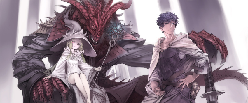 1boy 1girl absurdres barefoot black_hair bow brown_eyes cape commentary_request green_hair grin hair_bow hat highres holding holding_staff horns jinrou_e_no_tensei_maou_no_fukukan long_hair long_sleeves monster nishieda red_eyes single_horn sitting smile staff wide_sleeves witch_hat