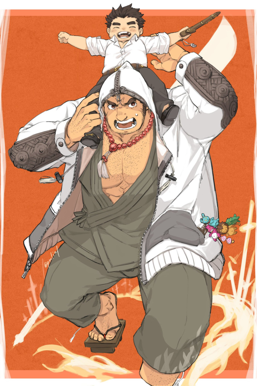 2boys bara blush brown_eyes brown_hair carrying chest_hair child closed_eyes collared_shirt cross_scar facial_hair full_body highres holding holding_sword holding_weapon hood hood_up hooded_jacket houzouin_oniwaka jacket japanese_clothes jewelry keychain large_pectorals long_sideburns male_focus mature_male multiple_boys muscular muscular_male necklace open_mouth pectorals pmlial scar scar_on_face scar_on_forehead shirt short_hair shoulder_carry sideburns smile stubble sweatdrop sword thick_eyebrows tokyo_afterschool_summoners weapon