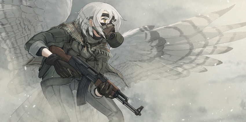 1girl absurdres ak-47 assault_rifle asterisk_kome bird_tail bird_wings commentary_request frances_royce gas_mask gloves green_jacket grey_pants gun highres holding holding_weapon jacket kalashnikov_rifle low_wings mask military military_jacket pants rifle shawl short_hair tagme tail weapon white_hair white_wings winged_fusiliers wings