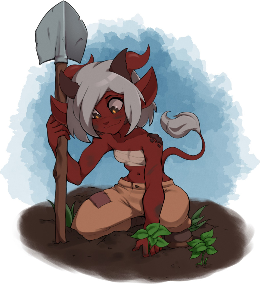 2_horns bottomwear chest_wraps clothed clothing digital_media_(artwork) dirt dungeons_and_dragons female gardening grey_hair hair hasbro hi_res horn horned_humanoid humanoid humanoid_pointy_ears kneeling malberrybush not_furry orange_eyes outside pants plant red_body red_horn red_skin red_tail short_hair short_stack shovel simple_background smile solo stitch_(sewing) tiefling tools valor_(malberrybush) white_background wizards_of_the_coast wraps