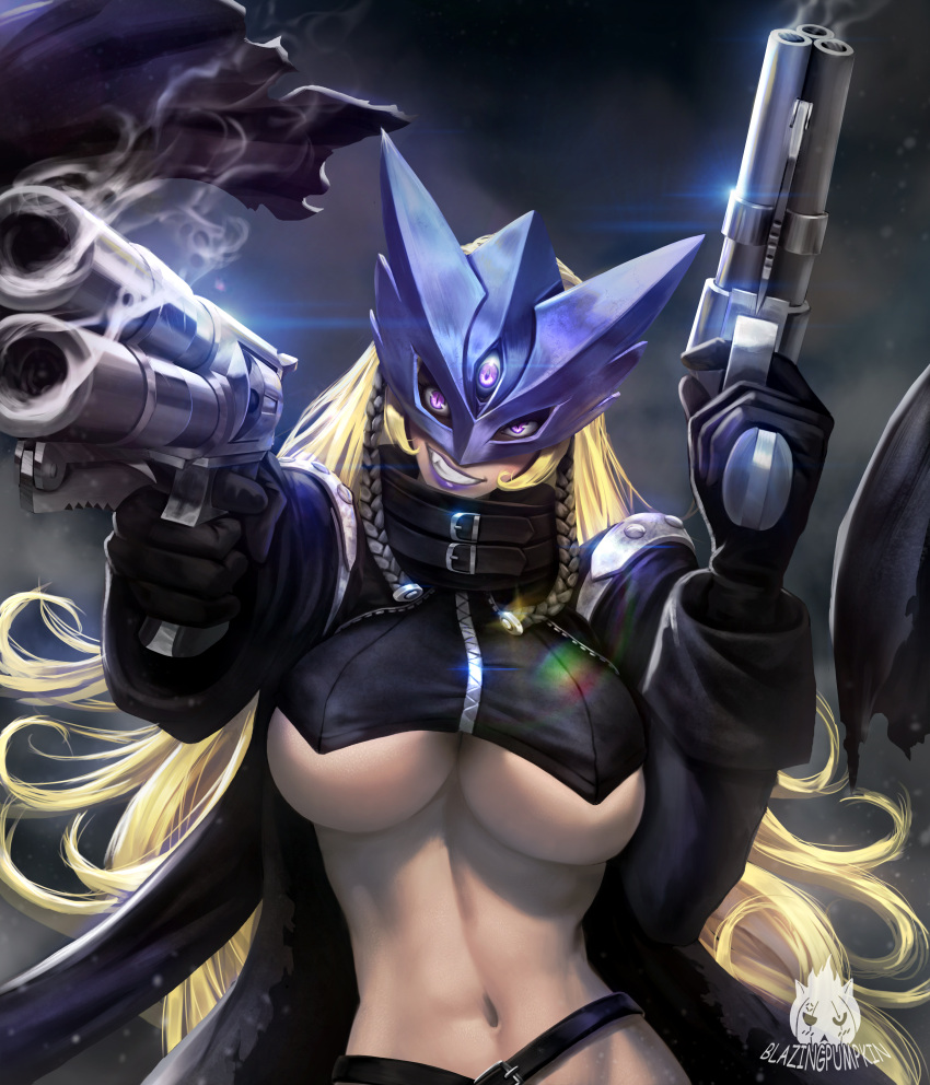 1girl abs absurdres aiming arm_up artist_logo beelstarmon belt black_coat black_gloves black_hair blazingpumpkin blonde_hair braid breasts coat demon_girl digimon digimon_(creature) dual_wielding evil_grin evil_smile eye_mask fang foreshortening gloves grin gun hand_up handgun highres holding holding_gun holding_weapon large_breasts lens_flare lipstick long_hair long_sleeves looking_at_viewer makeup mask midriff multicolored_hair navel open_clothes open_coat outstretched_arm purple_eyes purple_lips slit_pupils smile smoke solo stomach teeth third_eye toned twin_braids two-tone_hair underboob upper_body very_long_hair watermark weapon zipper