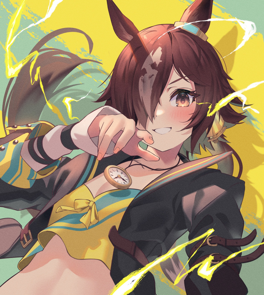 1girl :d animal_ears black_jacket blush breasts brown_eyes brown_hair character_request cleavage commentary compass_(instrument) crop_top cropped_jacket dodota grin hair_over_one_eye hand_up highres horse_ears horse_girl jacket long_hair looking_at_viewer open_clothes open_jacket ponytail small_breasts smile solo umamusume upper_body