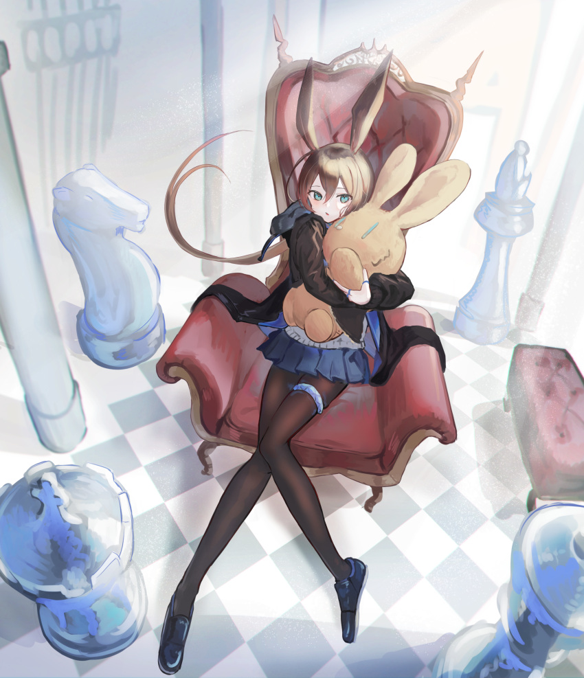 1girl absurdres amiya_(arknights) animal_ears arknights armchair bangs bishop_(chess) black_footwear black_jacket black_legwear blue_skirt brown_hair chair checkered_floor chess_piece full_body green_eyes highres jacket king_(chess) knight_(chess) loafers long_hair long_sleeves looking_at_viewer low_ponytail miniskirt natsuba002 object_hug open_clothes open_jacket parted_lips pleated_skirt queen_(chess) rabbit_ears shoes sitting skirt solo stuffed_animal stuffed_bunny stuffed_toy thighlet very_long_hair