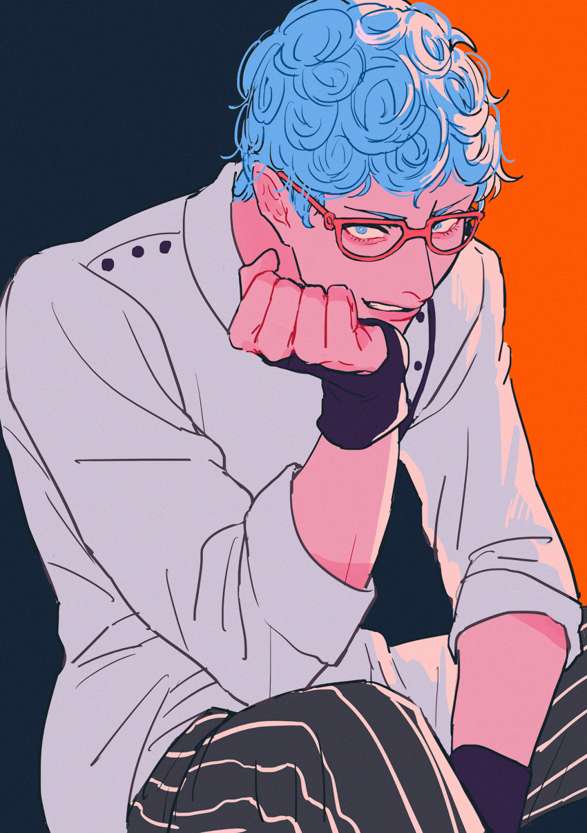 1boy blue_eyes blue_hair curly_hair fingerless_gloves fuku_(r-i-h-o) ghiaccio glasses gloves head_rest highres jojo_no_kimyou_na_bouken male_focus pants red-framed_eyewear sitting solo striped striped_pants vento_aureo vertical-striped_pants vertical_stripes