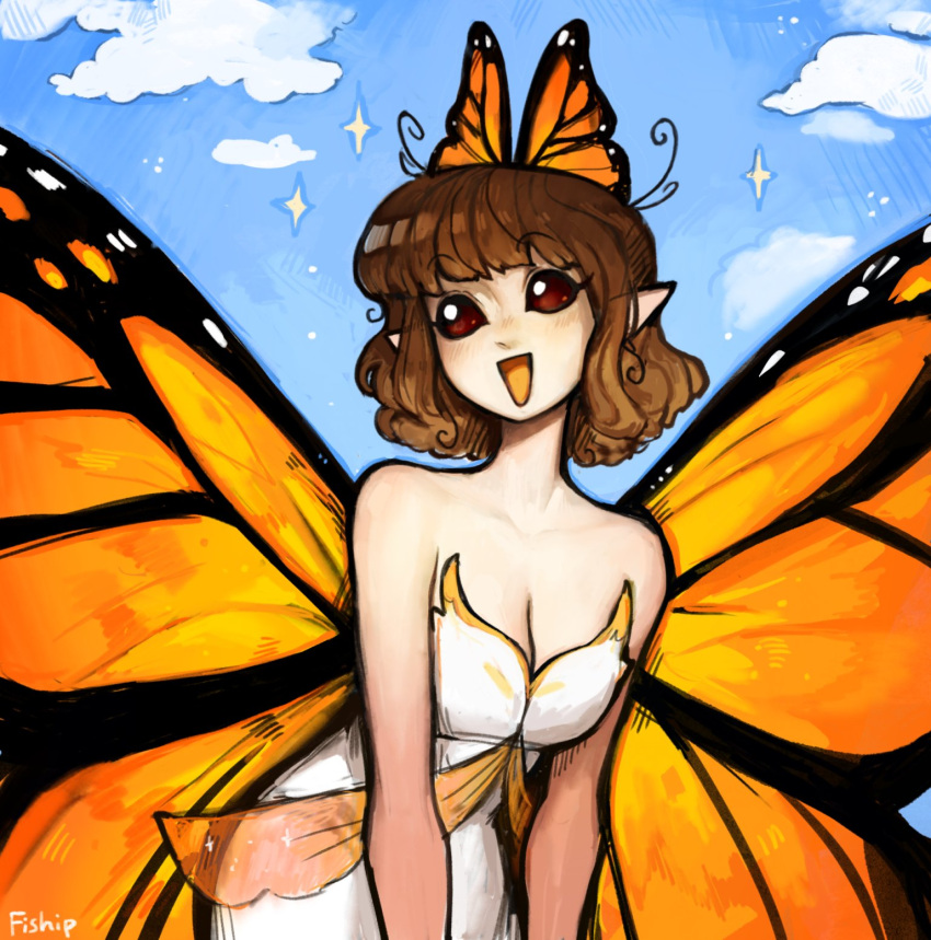1girl :d blue_sky blush breasts brown_eyes brown_hair butterfly_girl butterfly_wings cleavage compound_eyes cowboy_shot day dress highres looking_at_viewer matilda_fiship open_mouth original outdoors pointy_ears signature sky smile solo strapless strapless_dress white_dress wings