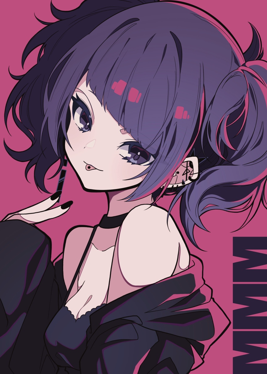 1girl absurdres bangs bare_shoulders black_jacket black_nails breasts cleavage commentary_request diagonal_bangs ear_piercing highres idolmaster idolmaster_shiny_colors jacket looking_at_viewer medium_breasts nail_polish off_shoulder piercing purple_eyes purple_hair red_background short_twintails solo soushitsuchang tanaka_mamimi tongue tongue_out twintails