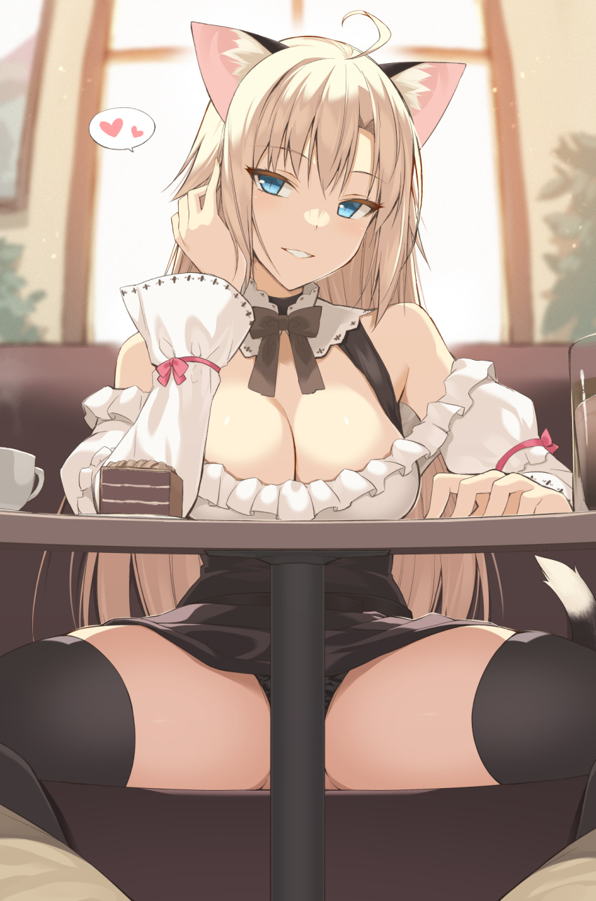 1girl ahoge animal_ears black_bow black_bowtie black_legwear black_panties blonde_catgirl_(oota_yuuichi) blonde_hair blue_eyes blurry blurry_background bow bowtie breasts cake cat_ears cat_girl cat_tail cleavage commentary_request cup food heart highres indoors large_breasts light_smile long_hair looking_at_viewer ohta_yuichi original panties parted_lips sitting slit_pupils solo spoken_heart spread_legs tail thighhighs underwear