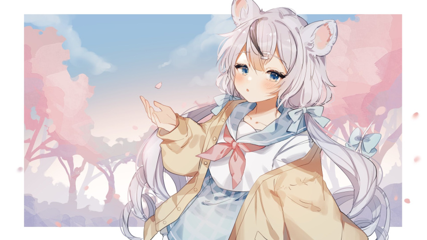 1girl animal_ears black_hair blue_eyes blush bow grey_hair hair_bow hair_ornament hairclip highres long_hair long_sleeves mouse_ears mouse_girl multicolored_hair original pale_skin school_uniform serafuku sorani_(kaeru0768) twintails