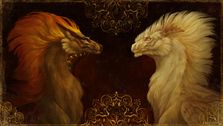 2022 black_body black_fur brown_hair digital_media_(artwork) dragon duo feral fur furred_dragon hair hi_res horn morsylvia white_body white_fur