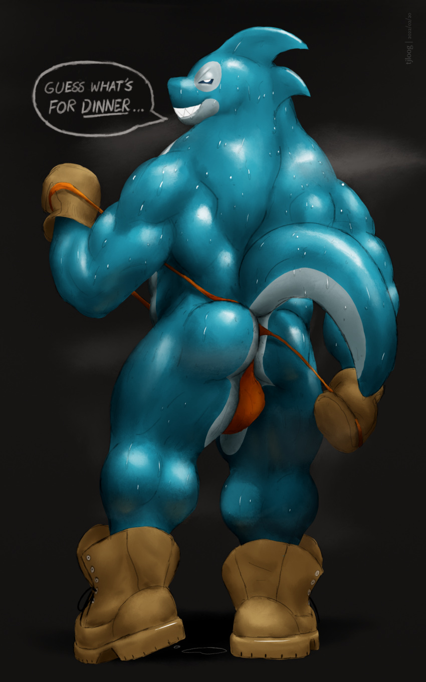 alien anthro biceps blue_body blue_eyes blue_skin bodily_fluids boots boots_only breath_fog bulge butt clothing fish flipper_hands footwear footwear_only gloves grin handwear hi_res humanoid leather male marine mostly_nude muscular musk orange_clothing orange_thong orange_underwear shark shoes shoes_only smile solo speech_bubble sweat thong tjloog underwear wake