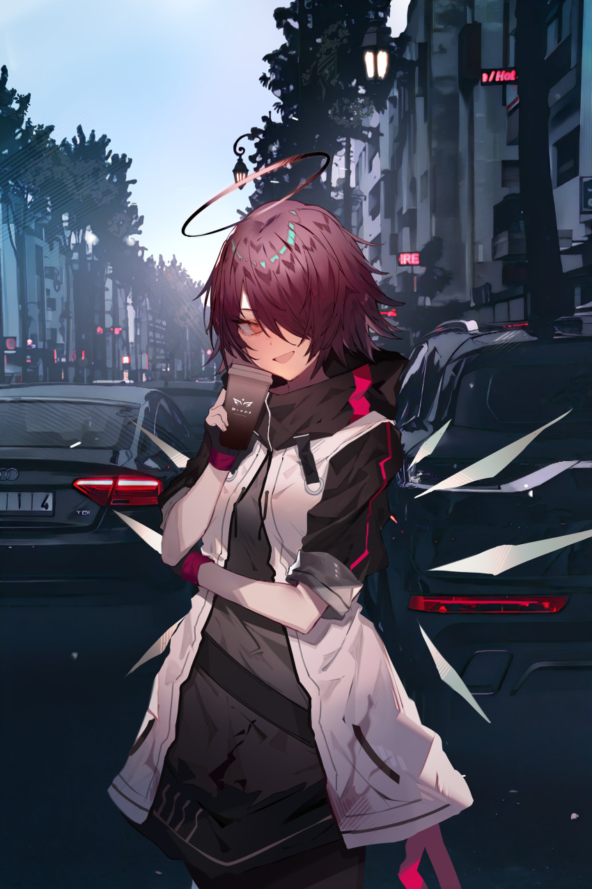 1girl absurdres angel angel_wings arknights arm_across_waist audi bangs black_gloves black_legwear building car city_lights cityscape coffee_cup commentary cowboy_shot cup detached_wings disposable_cup energy_wings exusiai_(arknights) fingerless_gloves gloves grey_shirt ground_vehicle hair_over_one_eye halo head_tilt highres holding holding_cup hood hooded_jacket jacket lamppost light_blush long_hair looking_at_viewer messy_hair motor_vehicle neon_lights open_clothes open_jacket open_mouth orange_eyes outdoors oversized_clothes pantyhose red_hair red_theme road road_sign shirt short_hair short_sleeves sign smile solo soukou_makura street symbol-only_commentary tree white_jacket wings