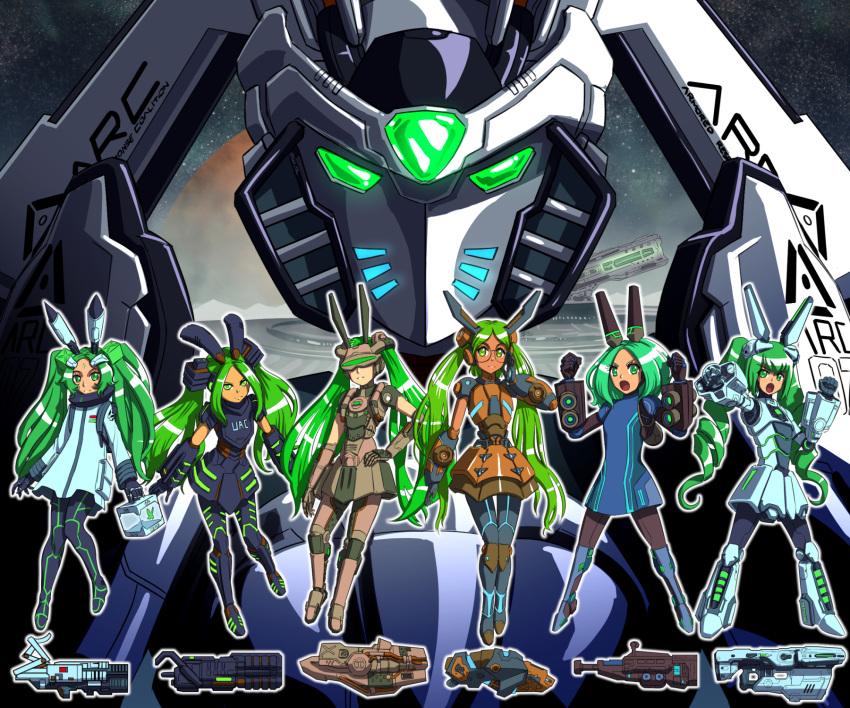 6+girls :o antennae bfg_9000_(personification) clenched_hands commentary dark-skinned_female dark_skin doom_(series) doom_3 doom_64 doom_eternal drill_hair energy_gun english_commentary giant giantess glasses green_eyes green_hair gun head-mounted_display highres long_hair looking_at_viewer mecha_musume mechanical_arms mechanical_legs multiple_girls personification quake_3_arena round_eyewear substance20 twintails very_long_hair weapon