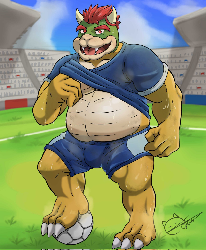 2022 anthro ball bodily_fluids bottomwear bowser bragotiger clothing detailed_background football_(ball) hi_res humanoid_hands koopa male mario_bros nintendo outside overweight overweight_male scalie shirt shorts solo sweat topwear video_games