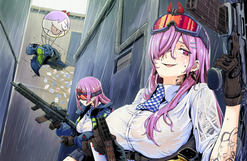 2girls ascot assault_rifle black_gloves blue_jacket breasts card checkered_ascot checkered_clothes checkered_neckwear dual_persona earrings eyewear_on_head girls'_frontline gloves gun hair_ornament hair_over_one_eye hairclip heart heart_earrings highres holding holding_gun holding_weapon jacket jacket_removed jewelry large_breasts long_hair looking_at_viewer multiple_girls neck_tattoo pink_eyes pink_hair rifle safety_glasses see-through shirt sig_mcx_(girls'_frontline) sig_sauer_mcx tarutaru_gungun tattoo trigger_discipline weapon wet wet_clothes wet_shirt