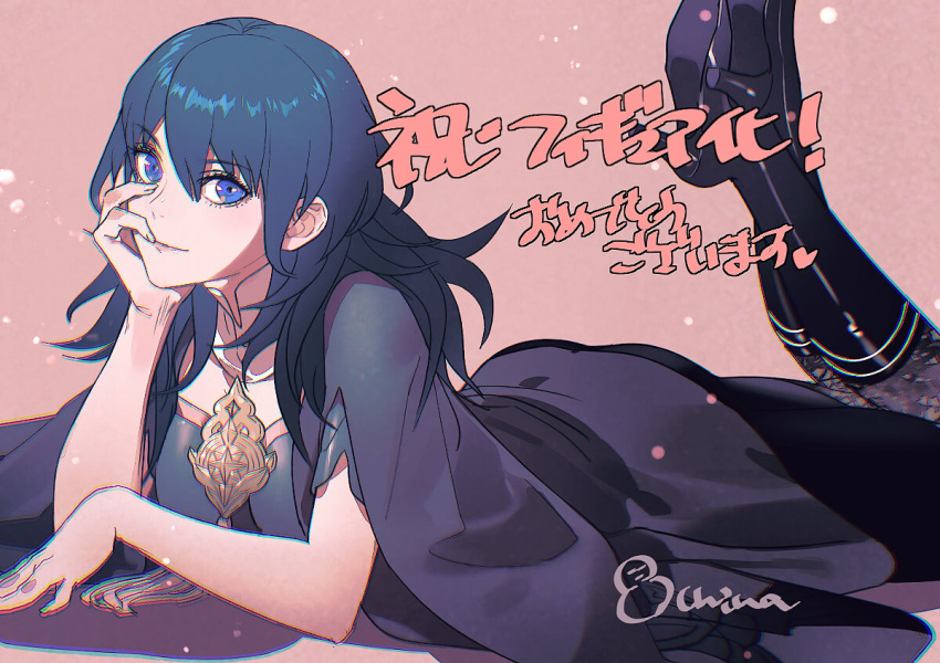 1girl ass bangs black_coat black_shorts blue_eyes blue_hair breasts bustier byleth_(fire_emblem) byleth_(fire_emblem)_(female) coat crossed_legs fire_emblem fire_emblem:_three_houses hand_on_own_cheek hand_on_own_face high_heels kurahana_chinatsu long_sleeves lying medium_hair official_art on_stomach pantyhose patterned_clothing shorts smile solo third-party_source