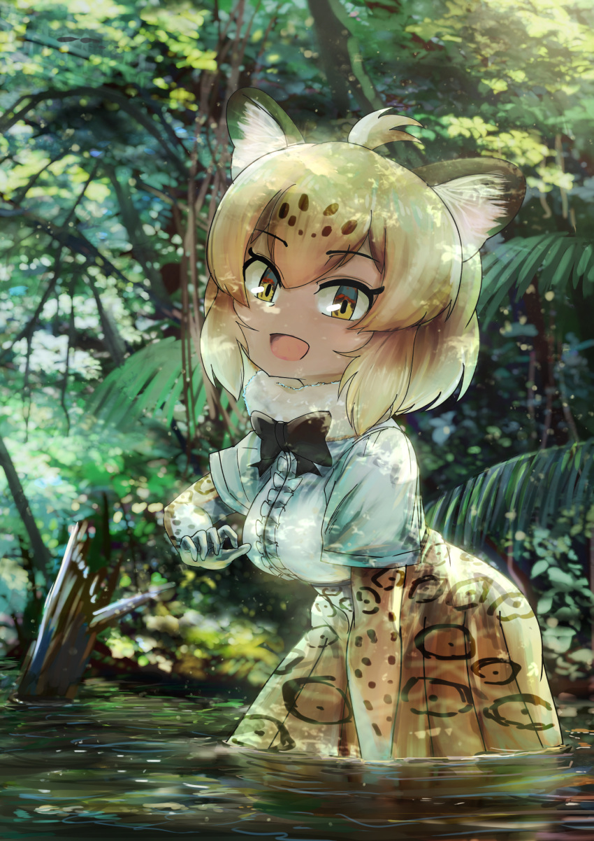 1girl :d animal_ears animal_print bangs blonde_hair blurry blurry_background bow bowtie brown_hair center_frills chibi dappled_sunlight day elbow_gloves eyebrows_visible_through_hair frills fuji_takanasu fur_collar gloves hair_between_eyes hand_up high-waist_skirt highres jaguar_(kemono_friends) jaguar_ears jaguar_print kemono_friends leaning_forward looking_at_viewer medium_hair multicolored_hair open_mouth outdoors print_gloves print_skirt shade shirt short_sleeves skirt smile solo sunlight two-tone_hair wading water white_shirt yellow_eyes