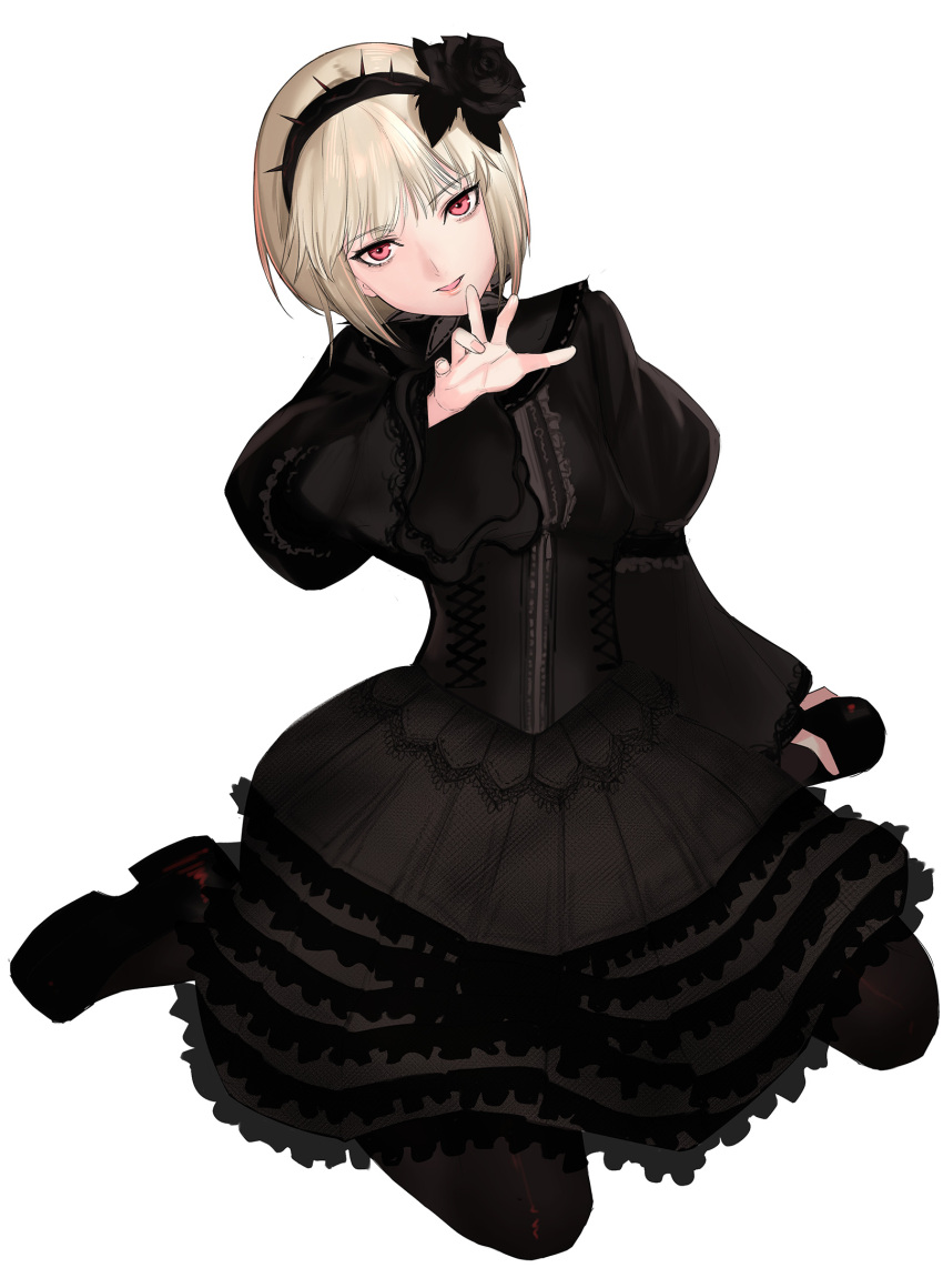 1girl :d bangs black_footwear black_legwear blonde_hair gothic_lolita hairband highres kof:_maximum_impact lolita_fashion looking_at_viewer maximum_impact_ii ninon_beart puffy_sleeves red_eyes short_hair simple_background sitting smile snk solo tetsu_(kimuchi) the_king_of_fighters wariza white_background