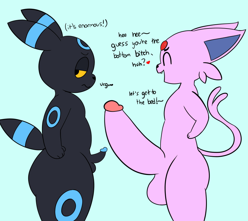 absurd_res anthro balls big_balls big_butt big_penis butt comparing comparing_penis eeveelution embarrassed erection espeon genitals girly hi_res huge_penis hyper male male/male nintendo penis pok&eacute;mon pok&eacute;mon_(species) shy small_penis thick_thighs unbreon video_games zlut385