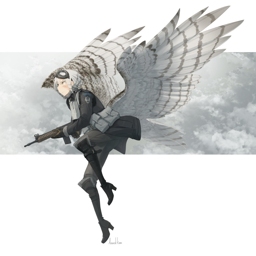 1girl asterisk_kome battle_rifle bird_tail bird_wings boots burn_scar cloud commentary_request flying fn_fal frances_royce goggles goggles_on_head grey_jacket grey_pants grey_sky gun highres holding holding_gun holding_weapon jacket military pants rifle scar scar_on_face short_hair signature tail weapon white_hair white_wings winged_fusiliers wings