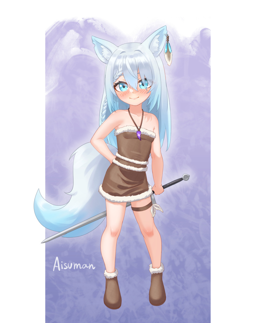 1girl absurdres aisuman animal_ear_fluff animal_ears arm_behind_back artist_name bare_shoulders blue_background blue_eyes blush boots braid breasts brown_dress brown_footwear dress ear_ornament earrings feathers fox_ears fox_girl fox_tail full_body fur_trim hand_on_hip highres jewelry long_hair looking_at_viewer original pendant short_dress silver_hair simple_background small_breasts smile solo strapless strapless_dress sword tail thigh_strap weapon