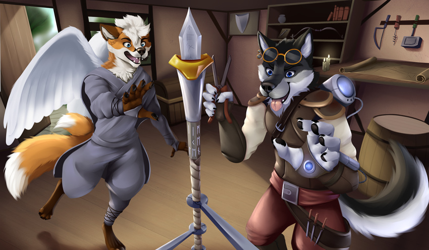 anthro artificer awkore canid canine canis dungeons_and_dragons duo fox hasbro jonas-puppeh magic magic_user male male/male mammal possumfox wizards_of_the_coast wolf workshop