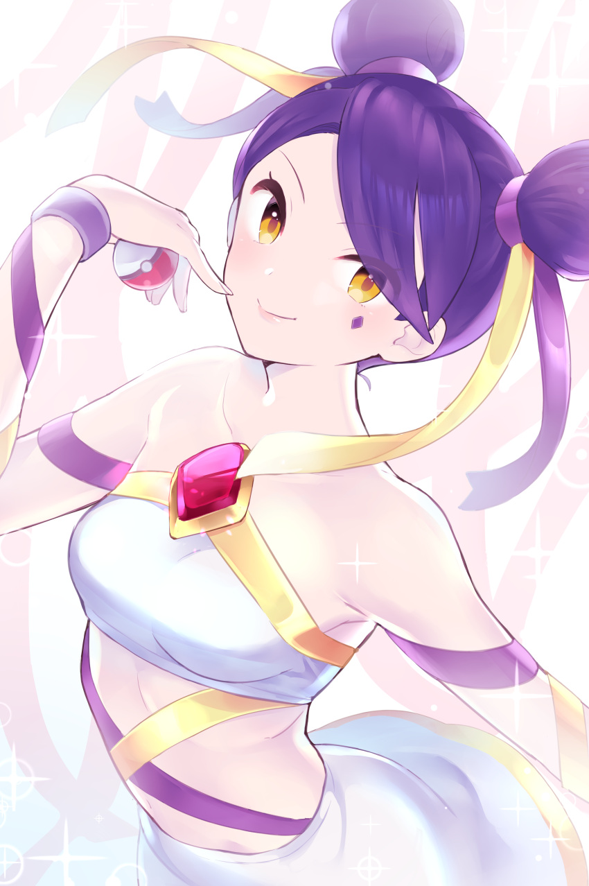 1girl absurdres bangs breasts closed_mouth collarbone commission commissioner_upload diamond_(shape) double_bun eyelashes hair_ribbon hand_up highres holding holding_poke_ball looking_at_viewer midriff non-web_source poke_ball poke_ball_(basic) pokemon pokemon_(game) pokemon_battle_revolution purple_hair purple_ribbon ribbon ruby_(gemstone) sashay_(pokemon) skirt smile solo sparkle swept_bangs tudurimike white_skirt wristband yellow_eyes yellow_ribbon