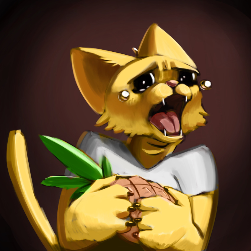 absurd_res anthro bethesda_softworks bodily_fluids clothed clothing crying crying_cat felid female food fruit fur hi_res holding_object katia_managan khajiit mammal meme open_mouth pineapple plant prequel simple_background solo teabrodraws tears the_elder_scrolls video_games webcomic yellow_body yellow_fur