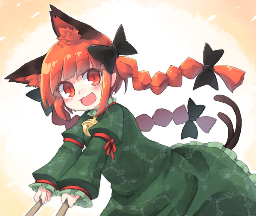 1girl animal_ear_fluff animal_ears bangs bell black_bow blunt_bangs bow braid cat_day cat_ears cat_tail commentary dress extra_ears eyebrows_visible_through_hair frills green_dress hair_bow juliet_sleeves kaenbyou_rin kibisake long_hair long_sleeves looking_at_viewer multiple_tails nekomata open_mouth outstretched_arms pointy_ears puffy_sleeves pushing red_eyes red_hair slit_pupils smile solo tail touhou twin_braids twintails two_tails upper_body