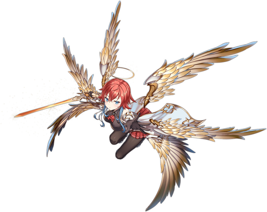 1girl angel ark_order artist_request ascot bangs black_gloves black_legwear blue_eyes blue_hair breasts cross extra_eyes gabriel_(ark_order) gloves gold gold_trim halo holding holding_sword holding_weapon large_breasts long_sleeves looking_at_viewer multicolored_hair multiple_wings official_art pantyhose red_ascot red_hair red_skirt seraph short_hair_with_long_locks sidelocks skirt solo sword tachi-e transparent_background two-tone_hair weapon white_wings wide_sleeves wings