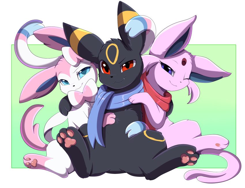 2021 black_body black_fur blue_eyes border cuddling eeveelution espeon eyelashes female feral fur fur_markings gradient_background group hi_res lidded_eyes looking_back male markings nintendo one_eye_closed pawpads pok&eacute;mon pok&eacute;mon_(species) pridark purple_body purple_fur scarf simple_background sitting smile sylveon teasing text trio umbreon underpaw url video_games white_body white_border white_fur wink