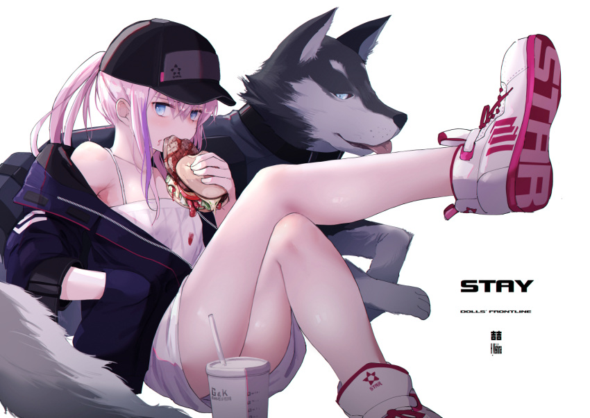 1girl animal blue_eyes blush burger dog drink eating flat_chest food girls'_frontline hand_in_jacket hat jacket long_hair looking_at_viewer mishima_hiroji pink_hair ponytail shoes simple_background sneakers solo st_ar-15_(girls'_frontline) white_background