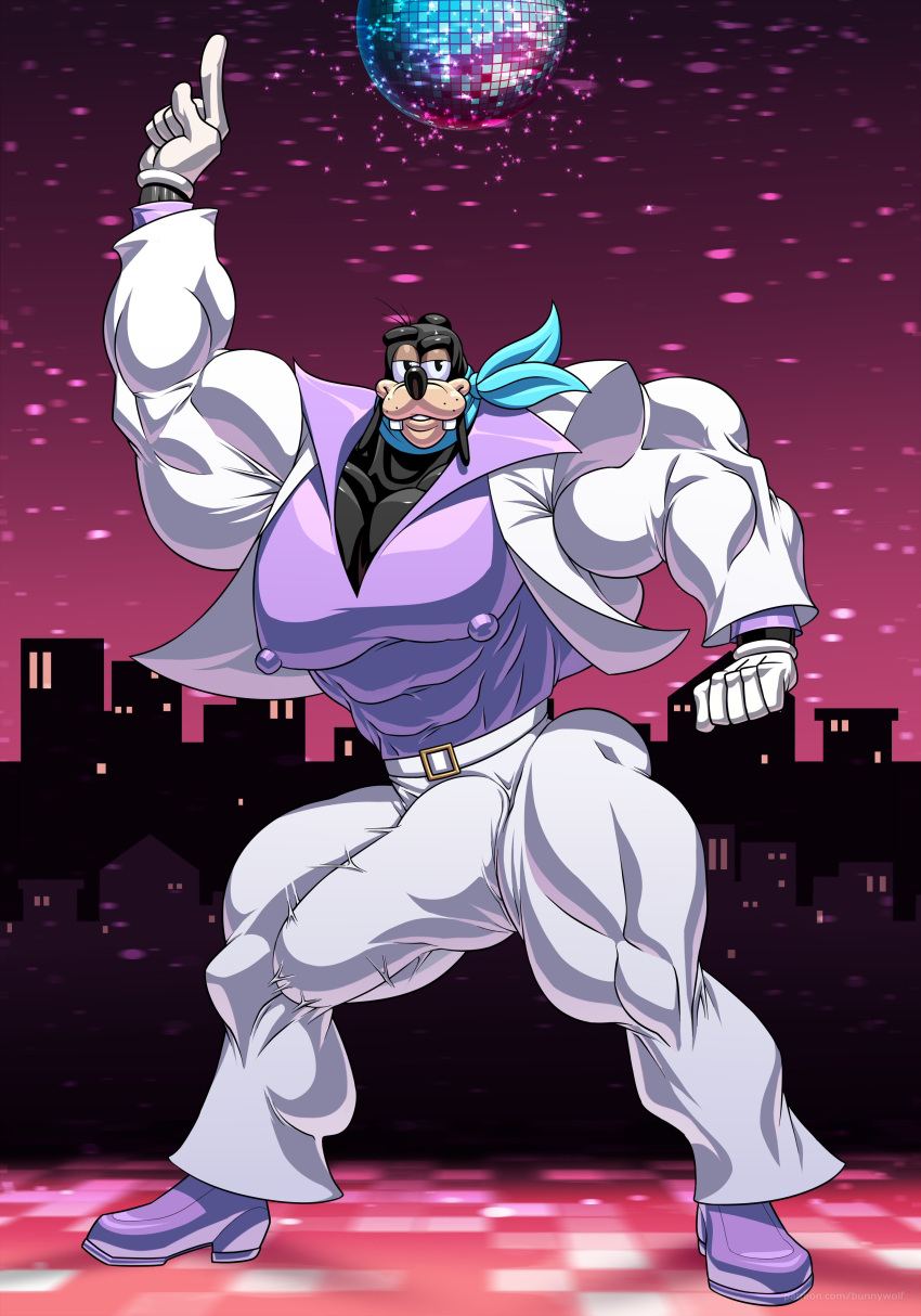 5_fingers abs absurd_res anthro biceps big_biceps big_bulge big_muscles big_penis black_body black_fur black_nose blue_clothing blue_scarf bottomwear building bulge canid canine canis clothed clothing dance_floor dancing detailed_background detailed_bulge digital_media_(artwork) disco disco_ball disney domestic_dog erection fingers footwear fur genital_outline genitals gloves goof_troop goofy_(disney) hair handwear hi_res huge_bulge huge_muscles huge_penis humanoid_genitalia humanoid_penis hyper jacket looking_at_viewer male mammal muscular muscular_anthro muscular_legs muscular_male nightclub nipple_outline nipples pants pecs penis penis_outline purple_clothing purple_footwear purple_shirt purple_shoes purple_topwear scarf shirt shoes skyscraper smile solo tan_body tan_fur teeth topwear white_bottomwear white_clothing white_gloves white_handwear white_jacket white_pants white_topwear wolfiecanem