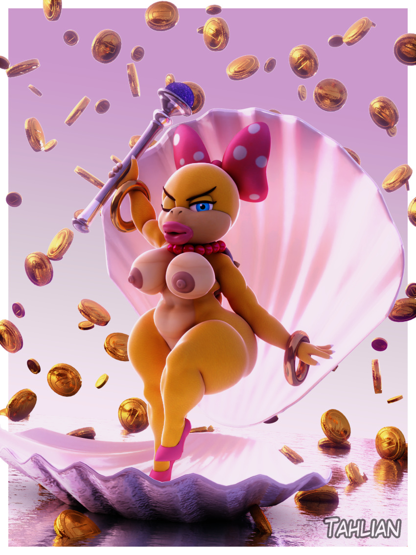 accessory anthro birth_of_venus bracelet breasts coin female hair_accessory hair_bow hair_ribbon hi_res high_heels jewelry koopa koopaling looking_at_viewer mario_bros necklace nintendo nipples one_eye_closed ribbons scalie seashell shell solo tahlian thick_thighs video_games wand wendy_o._koopa wide_hips wink