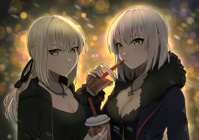 2girls alternate_hairstyle artoria_pendragon_(fate) backlighting black_dress black_ribbon blonde_hair blue_coat blurry blurry_background blush breasts bubble_tea cleavage coat cup disposable_cup dress drinking_straw fate/grand_order fate_(series) fur_trim hair_ribbon highres hood hood_down hoodie jeanne_d'arc_(alter)_(fate) jeanne_d'arc_(fate) jet_black_king_of_knights_ver._shinjuku_1999 jewelry kumaartsu low_ponytail medium_breasts medium_hair multiple_girls necklace night open_clothes open_coat open_hoodie pixiv_fate/grand_order_contest_1 ribbon saber_alter short_hair silver_hair standing upper_body wicked_dragon_witch_ver._shinjuku_1999 yellow_eyes