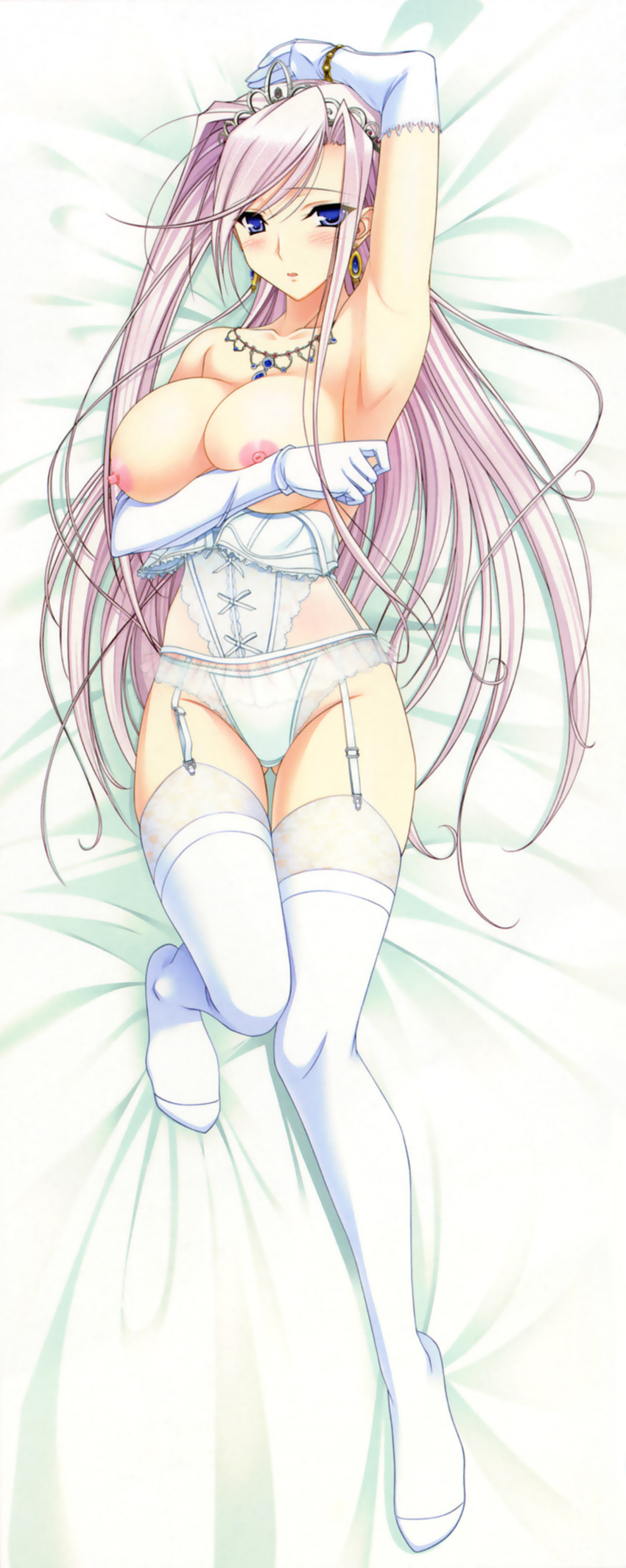 absurdres armpits blue_eyes breast_hold breasts charlotte_hazellink cleavage dakimakura dress full_body garter_belt highres komori_kei large_breasts legs long_hair lying nipples on_back pink_hair princess_lover solo thigh_gap thighhighs