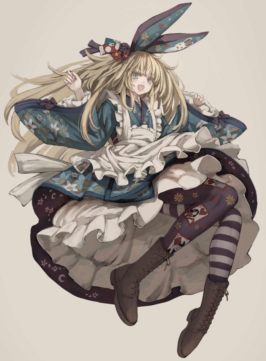 1girl animal_ears apron asymmetrical_legwear blonde_hair boots card cross-laced_footwear dress frilled_apron frilled_dress frills green_eyes highres lace-up_boots lolita_fashion long_hair mismatched_legwear open_mouth original osabachan playing_card rabbit_ears smile solo tagme wa_lolita wa_maid