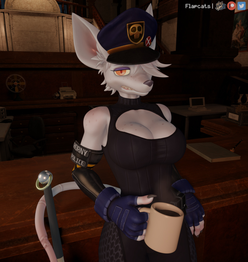 3d_(artwork) anthro armwear bare_shoulders beverage big_ears cleavage_cutout clothed clothing coffee coffee_mug detailed_background digital_media_(artwork) elbow_gloves female fingerless_gloves flapcats fur gloves handwear hat headgear headwear hi_res inner_ear_fluff looking_at_viewer mammal murid murine officer_flint police_hat police_uniform rat red_eyes rodent solo text tight_clothing tuft uniform warfare_machine white_body white_fur