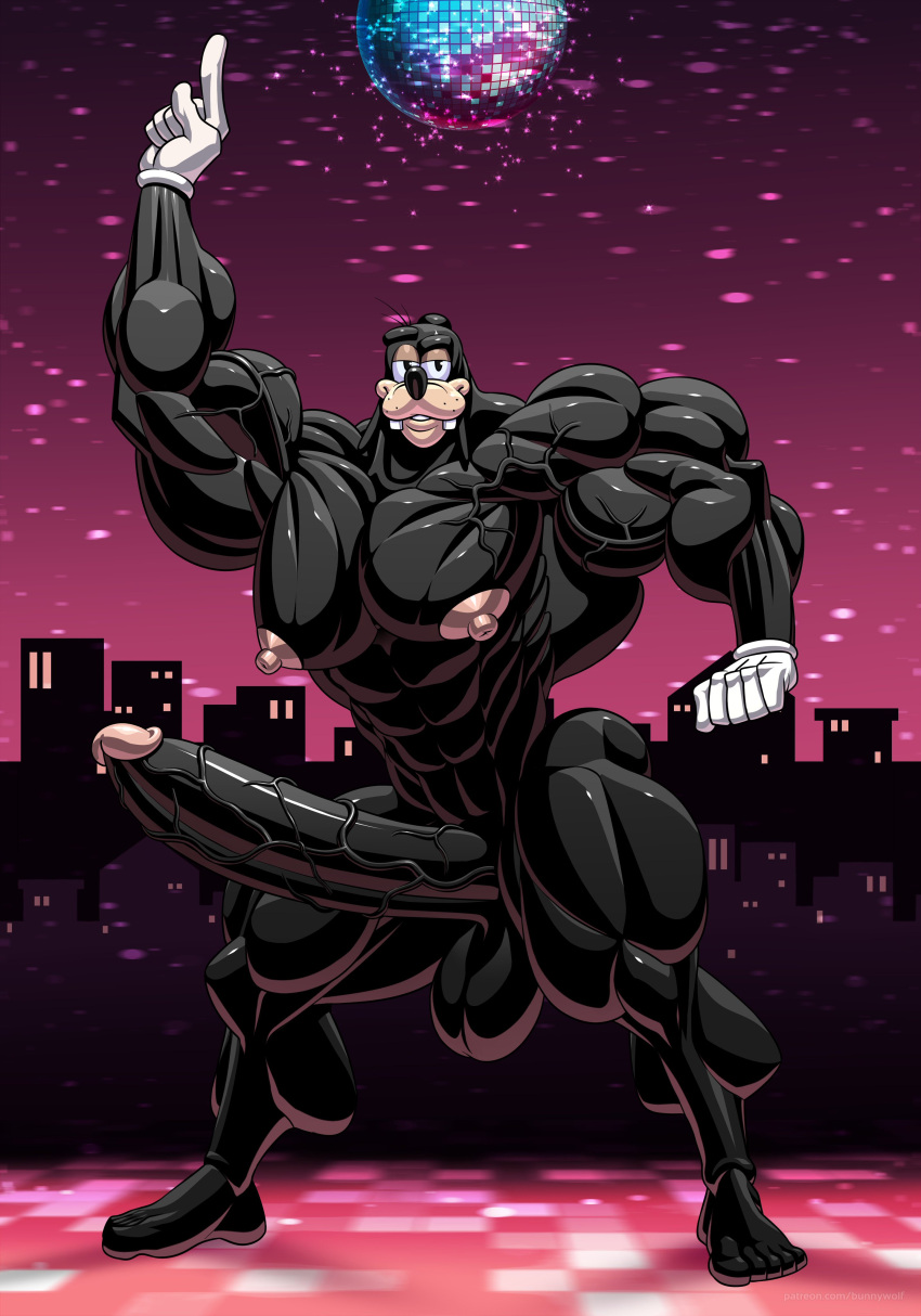 5_fingers 5_toes abs absurd_res anthro balls biceps big_biceps big_muscles big_nipples big_pecs big_penis black_balls black_body black_fur black_nose black_penis building butt canid canine canis clothing dance_floor dancing detailed_background digital_media_(artwork) disco disco_ball disney domestic_dog erection feet fingers fur genitals glans gloves gloves_only goof_troop goofy_(disney) hair handwear handwear_only hi_res huge_muscles huge_penis humanoid_feet humanoid_genitalia humanoid_penis hyper hyper_muscles looking_at_viewer male mammal mostly_nude multicolored_body multicolored_fur muscular muscular_anthro muscular_male nightclub nipples nude pecs penis pink_glans pink_nipples smile solo tan_body tan_fur toes two_tone_body two_tone_fur vein veiny_arms veiny_muscles veiny_penis white_clothing white_gloves white_handwear wolfiecanem