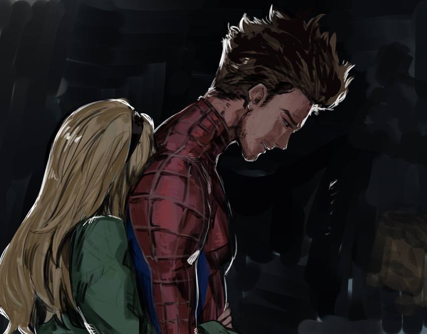 1boy 1girl black_hairband blonde_hair brown_hair facial_hair gwen_stacy hairband highres hug hug_from_behind long_hair marvel peter_parker spider-man spider-man_(series) the_amazing_spider-man upper_body yourfreakyneighbourh