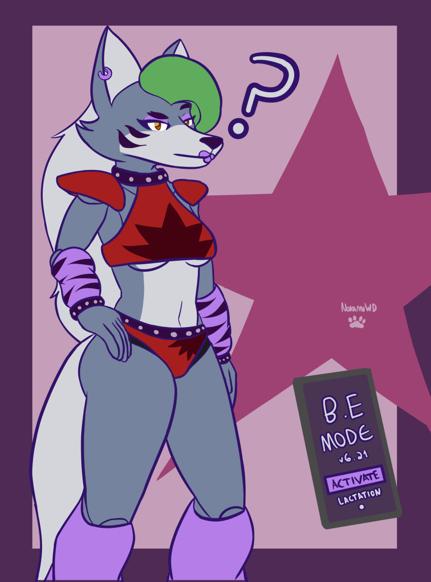 2022 absurd_res animatronic anthro big_breasts breasts bubble_butt butt cellphone clothed clothing controller female five_nights_at_freddy's five_nights_at_freddy's:_security_breach hi_res machine midriff navel nokamiwd pattern_clothing phone remote_control robot roxanne_wolf_(fnaf) scottgames simple_background solo striped_clothing stripes thick_thighs topwear under_boob underwear video_games