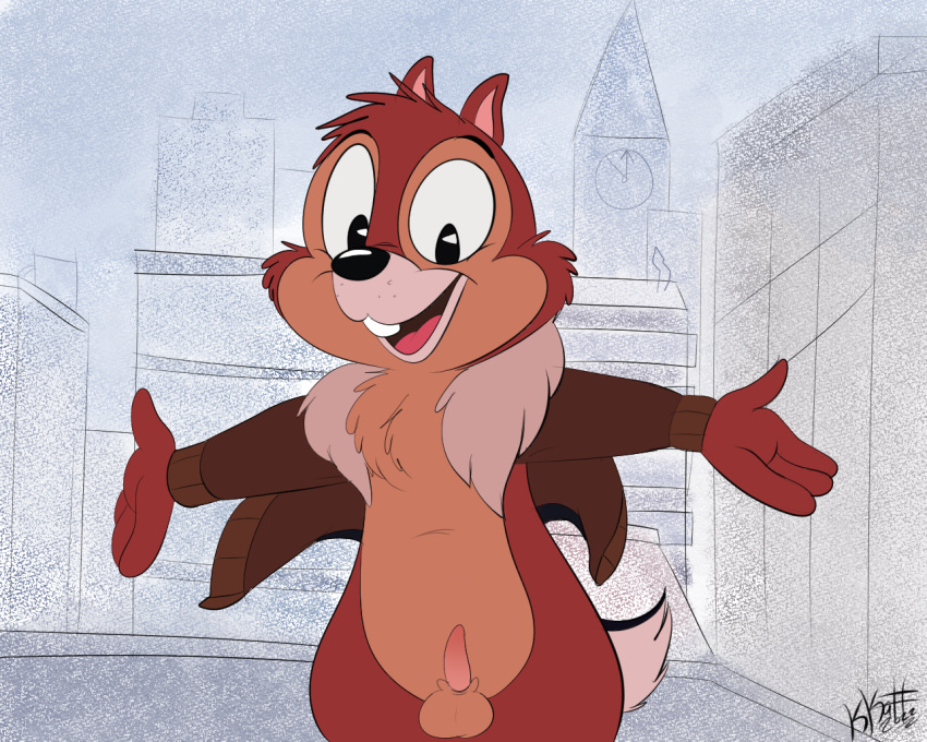 anthro balls bottomless chip_'n_dale_rescue_rangers chip_(disney) chipmunk clothed clothing disney erection genitals ground_squirrel kippykat male mammal penis rodent sciurid solo