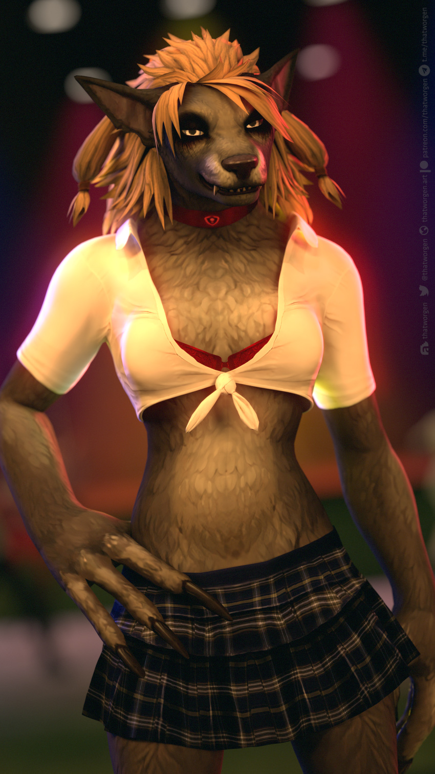 2022 3d_(artwork) 3dsmax 4_fingers 9:16 absurd_res anthro black_clothing black_nose blizzard_entertainment blonde_hair blurred_background bottomwear bra brown_body brown_fur canid clothing collar digital_media_(artwork) ears_back female fingers fur hair hi_res looking_at_viewer mammal pigtails pivoted_ears red_bra red_clothing red_underwear skirt solo text thatworgen underwear url vampire vampire_the_masquerade vampire_the_masquerade_bloodlines video_games warcraft watermark were werecanid white_clothing worgen yellow_eyes