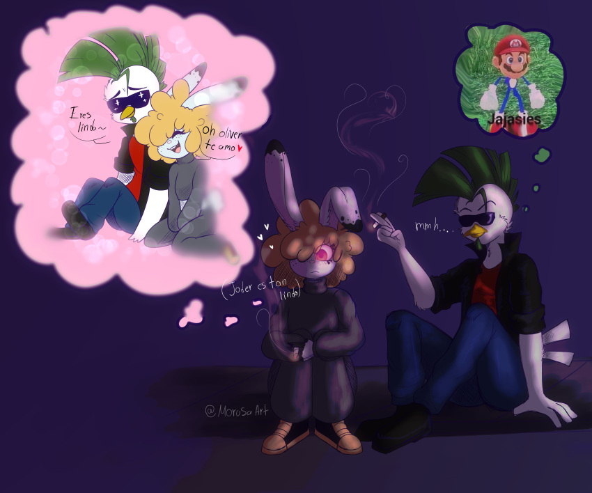 &lt;3 absurd_res anthro chiken cigarette cigarette_smoke clothing eyewear fan_character female hi_res hybrid jacket lagomorph leporid love male male/female mammal mario_bros morusaart nervous nintendo pensive_(character) punk rabbit sega smile smoke smoking smoking_pipe sonic_the_hedgehog sonic_the_hedgehog_(series) sunglasses tomboy topwear video_games