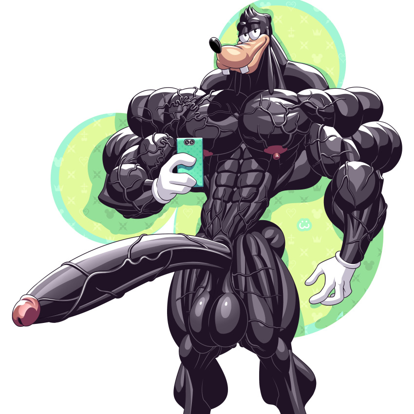 4_fingers abs absurd_res anthro balls bedroom_eyes biceps big_balls big_biceps big_muscles big_pecs big_penis black_balls black_body black_eyes black_fur black_hair black_nose black_penis butt canid canine canis cellphone clothing digital_media_(artwork) disney domestic_dog fingers fur genitals glans gloves gloves_only goof_troop goofy_(disney) green_cellphone green_smartphone hair half-closed_eyes half-erect handwear handwear_only hi_res holding_cellphone holding_object holding_phone holding_smartphone huge_muscles huge_penis humanoid_genitalia humanoid_penis hyper hyper_muscles looking_at_viewer male mammal mickey_mouse_symbol mostly_nude multicolored_body multicolored_fur muscular muscular_anthro muscular_legs muscular_male narrowed_eyes nipples nude pecs penis phone pink_glans pink_nipples seductive shadow simple_background smartphone smile solo standing tan_body tan_fur teeth two_tone_body two_tone_fur vein veiny_arms veiny_legs veiny_muscles veiny_penis white_clothing white_gloves white_handwear wolfiecanem