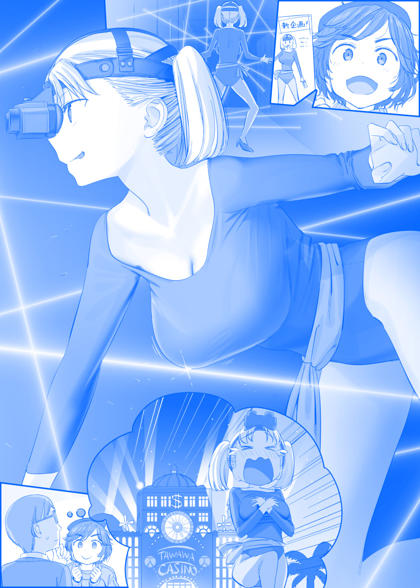 1boy 2girls beret blue_theme blush breasts casino cleavage commentary_request covering covering_breasts fleeing getsuyoubi_no_tawawa glasses hat high_heels highres himura_kiseki large_breasts lasers leotard multiple_girls night_vision_device nose_blush open_mouth short_hair short_twintails smile sweatdrop tearing_up thinking tongue tongue_out twintails wavy_mouth