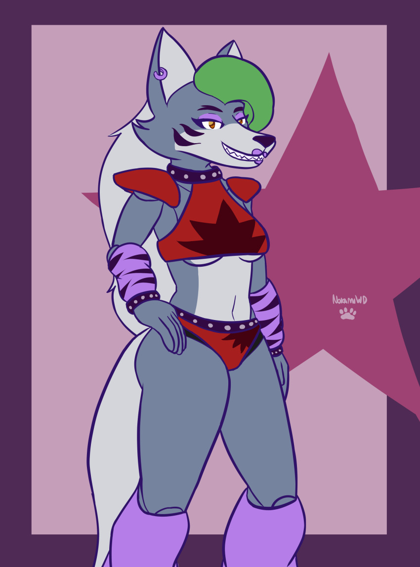 2022 absurd_res animatronic anthro big_breasts breasts bubble_butt butt clothed clothing female five_nights_at_freddy's five_nights_at_freddy's:_security_breach hi_res machine midriff navel nokamiwd pattern_clothing robot roxanne_wolf_(fnaf) scottgames simple_background solo striped_clothing stripes thick_thighs topwear under_boob underwear video_games